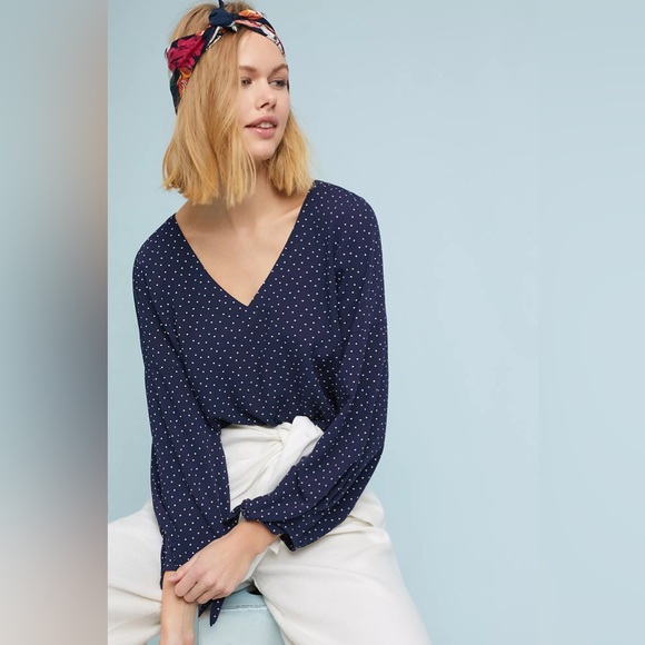 Maeve by Anthropologie Blue Polka Dot Tie Wrist Blouse M Preppy - Picture 1 of 12